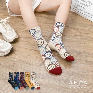 AHUA阿華有事嗎 韓國襪子 立體彩色笑臉中筒襪【K1490】可愛 穿搭 休閒 女襪 中筒襪 百搭純棉襪|
