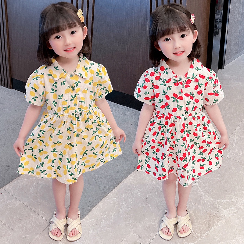 [哆蕾咪] 現貨 夏季新款可愛滿印檸檬氣質洋裝 韓版女童時尚小清新短袖連身裙 女童洋裝 女童洋裝 女童短袖洋裝 女童洋裝