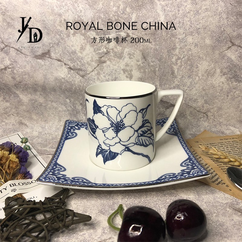 泰國 Royal Bane China 銀邊古典花邊骨瓷咖啡杯 咖啡杯組 英式花茶杯 方形咖啡杯 英式下午茶 200ml