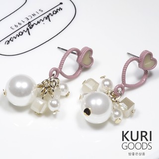 [KuriGoods] 甜蜜可人珍珠愛心垂墜耳環 (粉紫) #韓國空運