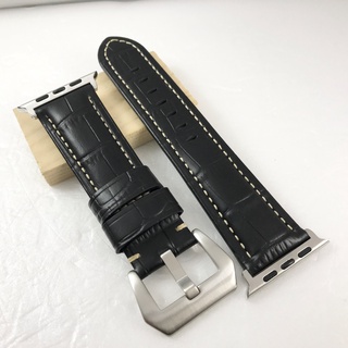 Apple Watch 沛納海版型 代用 牛皮 真皮 黑色 白車線 壓鱷魚大格紋 錶帶 不鏽鋼 胖大海錶釦 44 45