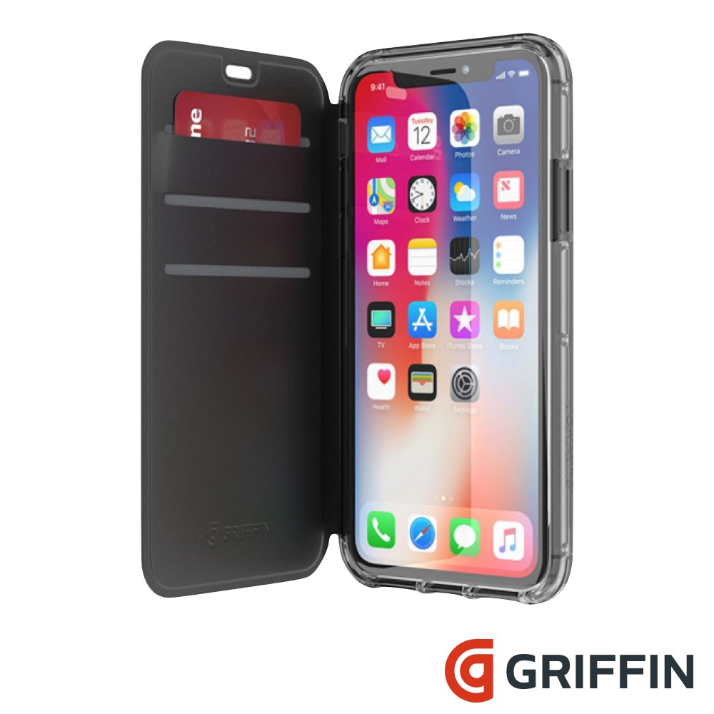 Griffin iPhone Xs/XsMax/XR Survivor Clear Wallet 側翻 透黑背蓋防摔皮套