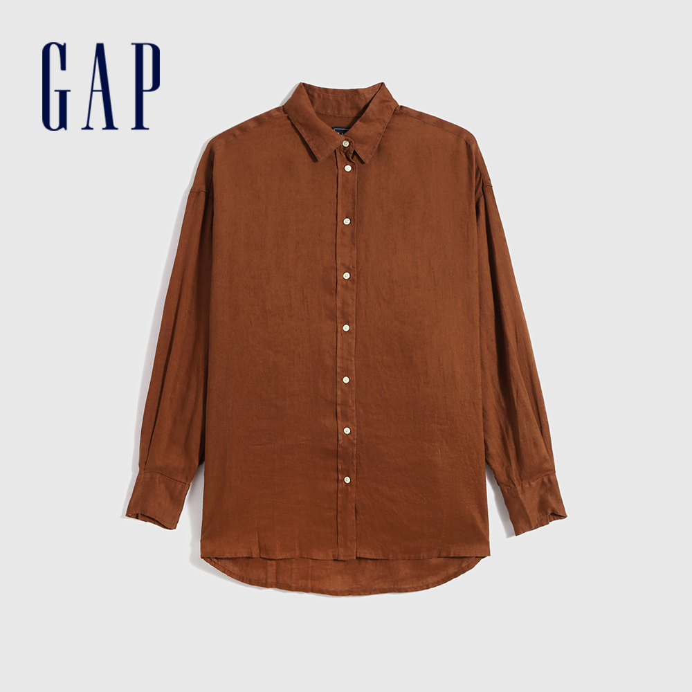 Gap 女裝 亞麻長袖襯衫-棕色(660952)