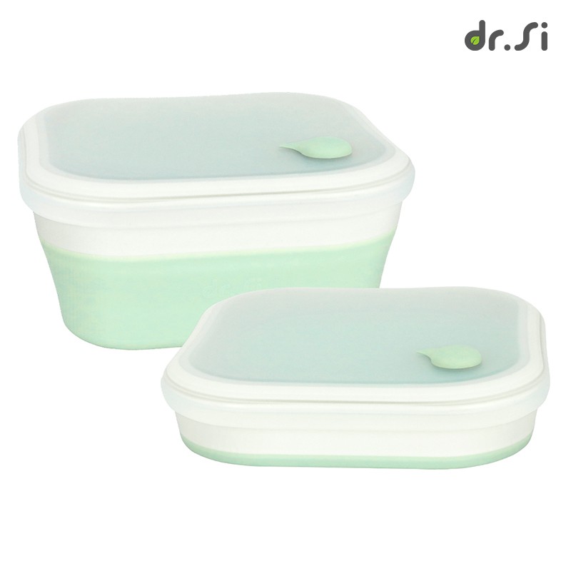 【dr.Si 矽寶巧】飽飽盒 (無菜盤)-艾綠 低功率微波 折疊餐盒