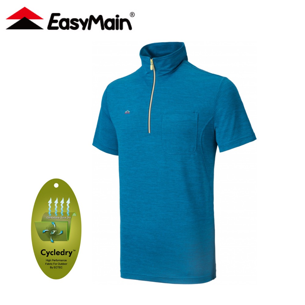 【EasyMain 衣力美 男 麻花格紋排汗短袖休閒衫《藍》】SE21001/機能上衣/透氣上衣/運動排汗衫/短袖