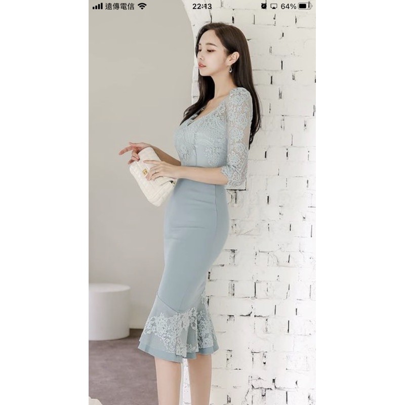 【ᴥ Ultra Feminine ᴥ】㊣韓國設計師品牌「HIDIVA 」🉐湖水綠蕾絲異材質拼接🌟合身洋裝~超級顯身材