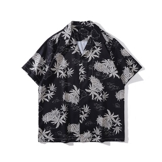 脆皮先生☞夏威夷 扶桑花 鳳梨 黑色 花朵 復古 骷髏 腰果花 變形蟲 北歐 印花 寬鬆 海灘 古巴領 短袖 襯衫 男