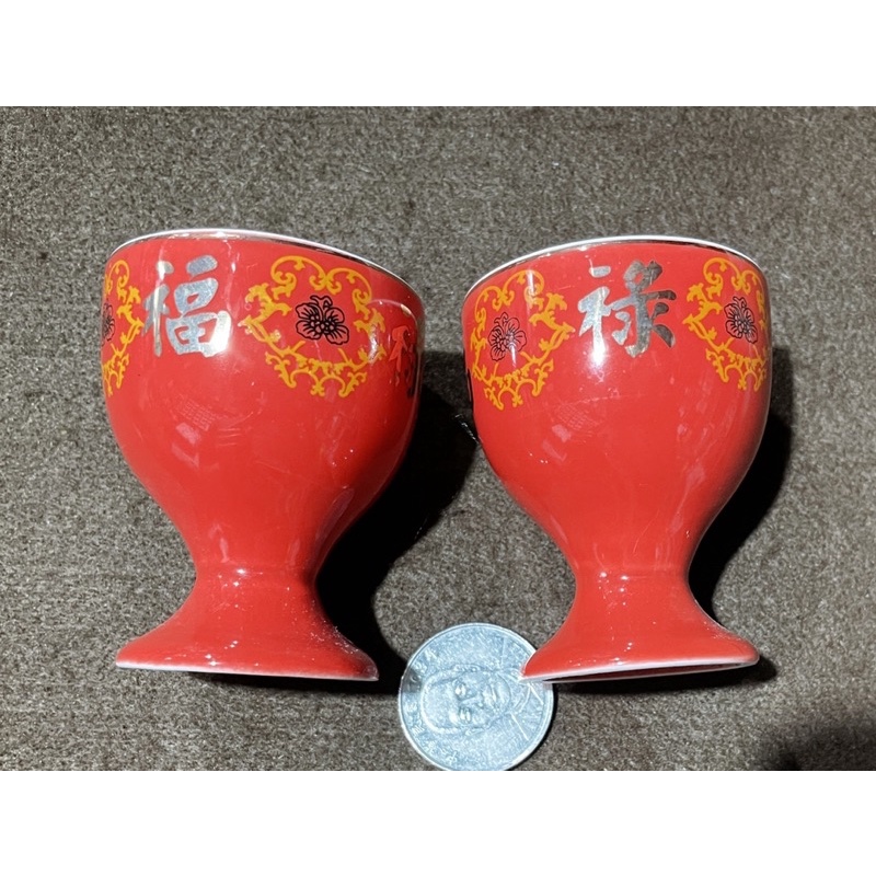 中国　古銅宣徳銅　洪字底款福禄寿禧　酒盃　一對　C　R7094E 中国 古銅宣徳銅 洪字底款福禄寿禧 酒盃 一對