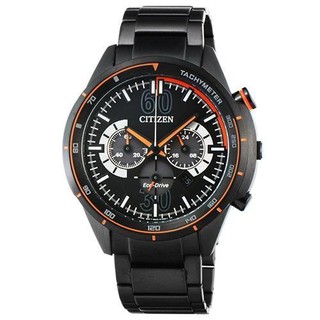 CITIZEN Eco-Drive 時光探索三環計時黑鋼腕錶 黑色 橘色 型號： CA4125-56E