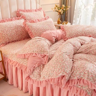 😻浪漫花邊田園風💕法蘭絨床罩四件組🍒刷毛 床罩被套組 床包被套組 雙人 雙人加大 牛奶絨床裙組枕頭套被套床墊床包床墊