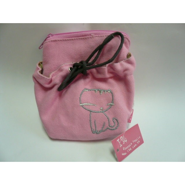 [全新]百貨專櫃品牌 I34 愛森氏 Essence Family 布包 粉紅色小貓圖案 零錢包  隨手包  收納包