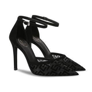 【熱銷】新款黑色法式蕾絲高跟鞋一字扣帶女細跟網面網紗透氣尖頭涼鞋