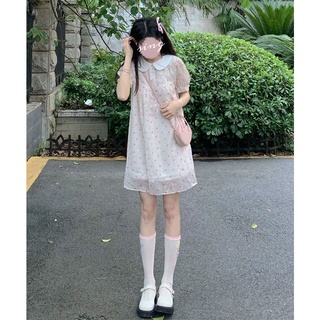 甜美清新鬱金香印花連衣裙女學生春夏季減齡遮肉顯瘦碎花娃娃裙子