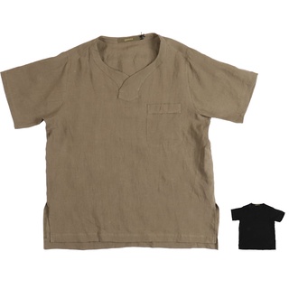 日本GOROUTA慵懶亞麻人造絲大日式V領口袋柔軟Pullover短袖T-Shirt