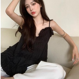 臺灣公司❤️開發票 女生上衣 木耳邊 V領上衣 純欲修身 拼接 短款 吊帶女 秋季 辣妹美式 防走光 心機別緻 打底背心