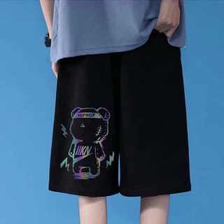 M-8XL 男生冰絲五分褲 印花短褲 小熊七彩反光短褲 潮牌ins百搭直筒短褲 寬鬆運動褲 夏季休閒短褲 CLB56