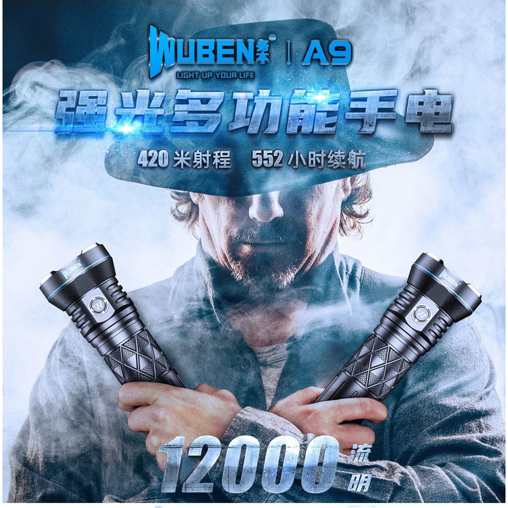 【WUBEN】 A9 12000流明 大泛光 搜索強光手電筒 標配鋰電池 Type C USB充電 CREE XHP70