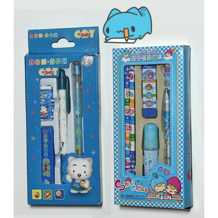 韓國文具組  貓咪文具組😸  藍色💙  鉛筆/ 自動鉛筆/ 筆芯/ 橡皮擦/ 膠水【全新商品】(一組不拆售)
