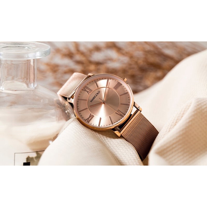 （全新現貨）MARIGOLD | Brilliant 羅馬刻度雙環時尚金屬腕錶-粉膚面玫金框-米蘭玫金