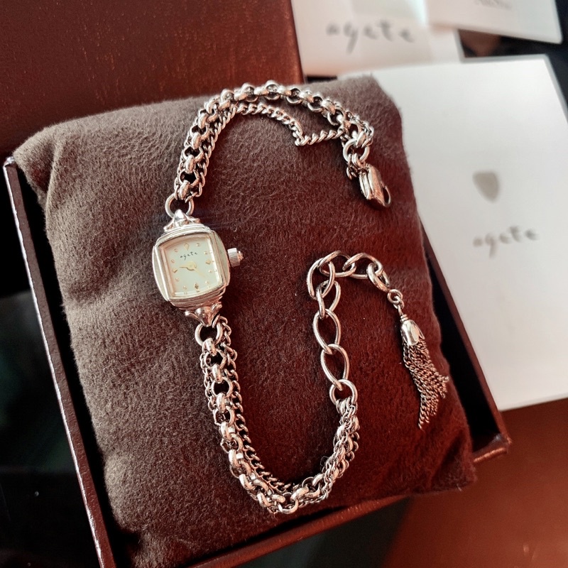 「保留」日本專櫃品牌輕珠寶Agete CLASSIC經典限量稀有款香檳金色典雅古典氣質細緻小錶鑲真鑽石流蘇手鍊手錶手鏈錶