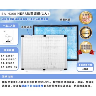 尚朋堂 空氣清淨機SA-2258DC/SA-2203C-H2/SA-2255F專用HEPA濾網SA-H360