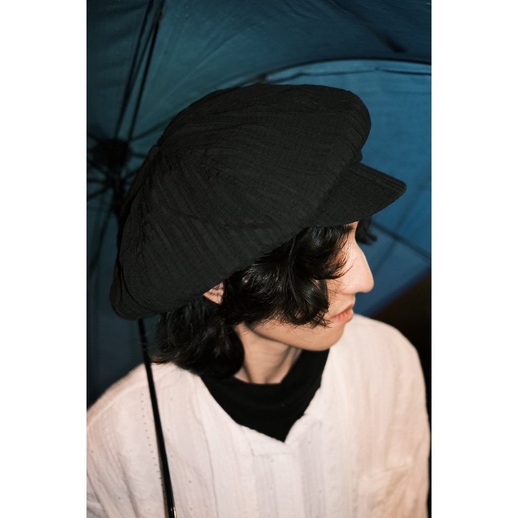 豬肉小姐 復古 時裝設計感黑色直條紋壓紋畫家帽 百搭簡約貝雷帽 個性暗黑貝雷帽 寬大帽簷八角南瓜帽