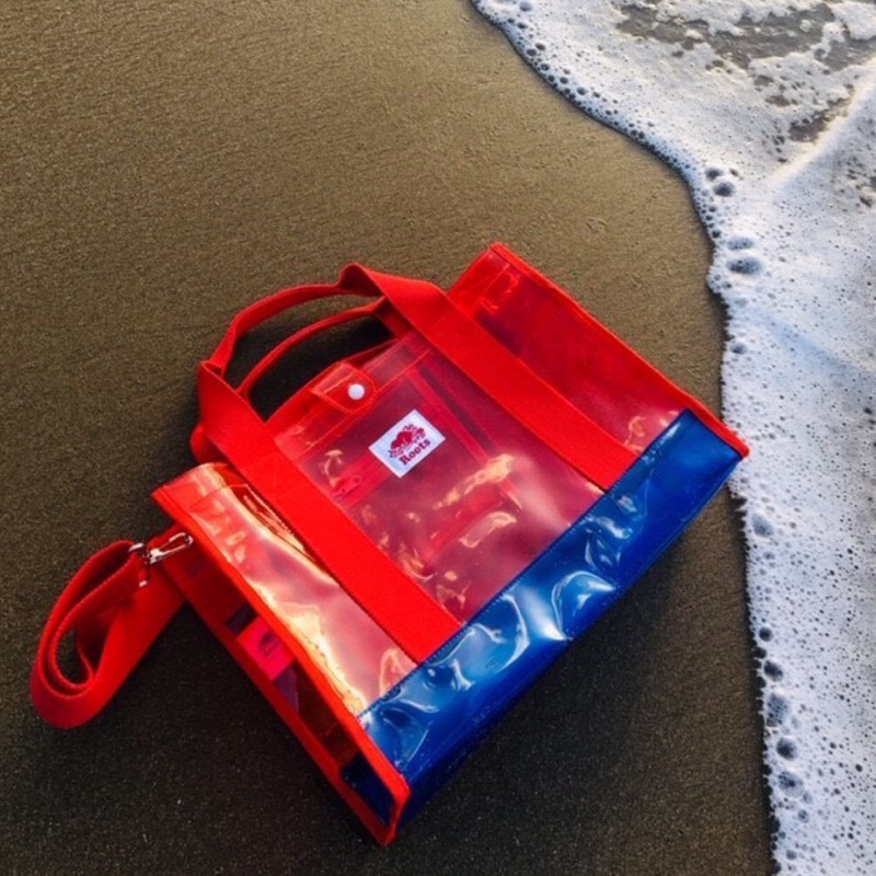 ROOTS 透明防水提袋附背帶海灘包斜背包手提包旅行袋