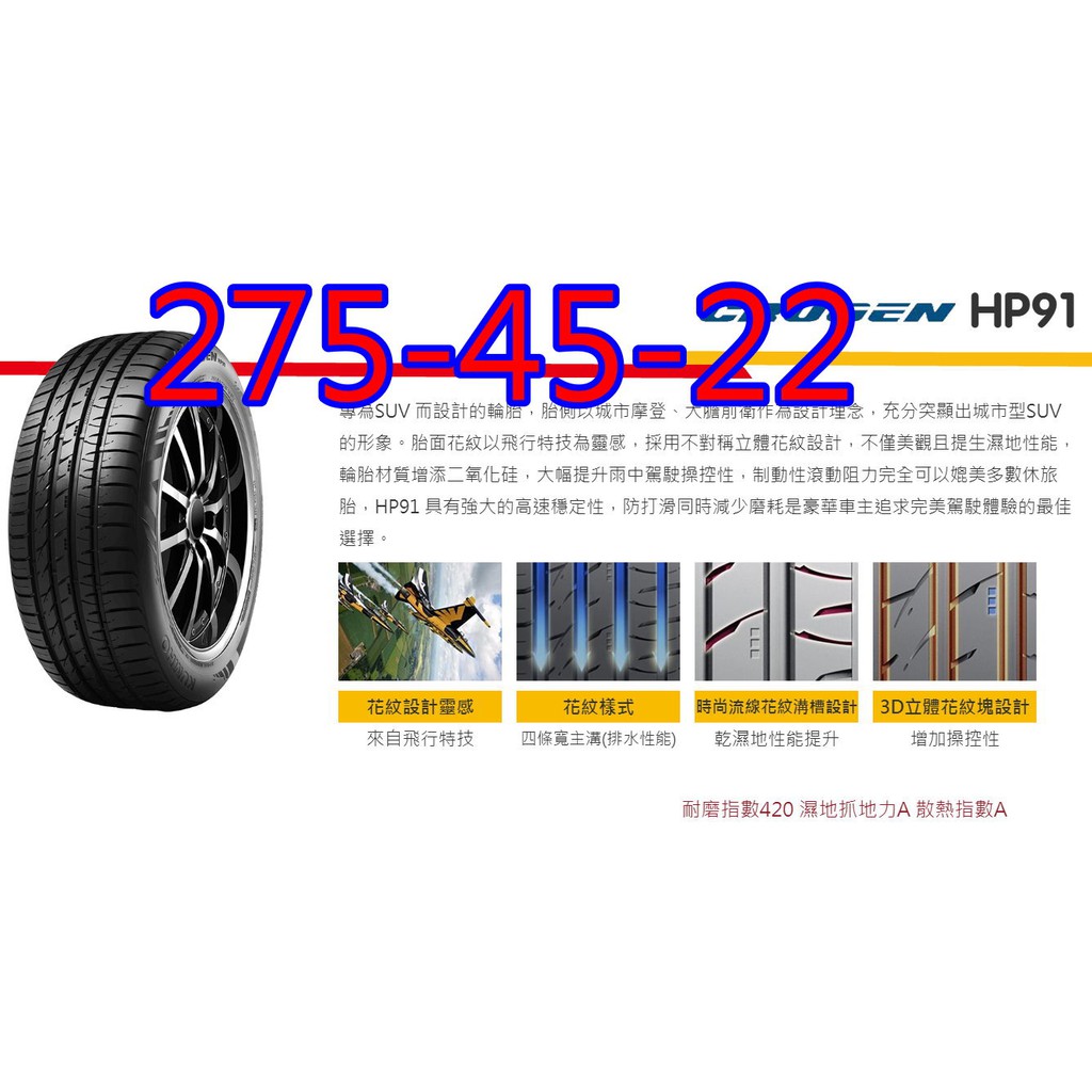 桃園 小李輪胎 錦湖 KUMHO HP91 275-45-22 SUV 靜音 舒適 高抓地力 全系列規格特價歡迎詢價