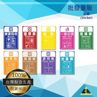 九種分類貼紙 一般垃圾 資源回收 塑膠類 紙類 玻璃類 鋁箔包 鐵鋁罐 寶特瓶 垃圾分類 垃圾桶分類 回收環保