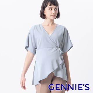 【Gennies 奇妮】假兩件雪紡哺乳孕婦上衣-灰藍(T3L12)