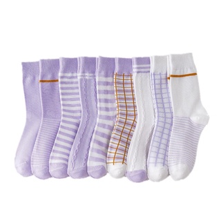 大唐襪業 D322紫色襪子中筒襪韓版ins潮條紋格子網紅香芋紫長襪