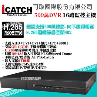 高雄 監視器 可取 16路 iCATCH 16路1音 雙硬碟 500萬 AHD/TVI/CVI/類比/IP 支援手機