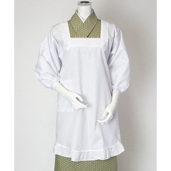 日本製白色蕾絲方領割烹着 和服專用圍裙 撥水 撥油 衣長90cm