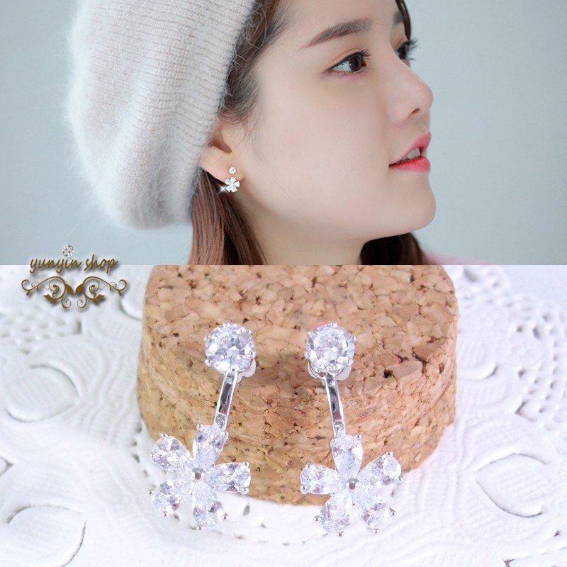 Yunyin SHOP 韓風 耳環 飾品 / 韓版 甜美鋯石五瓣花造型 前後扣兩戴式耳環 後掛式耳環