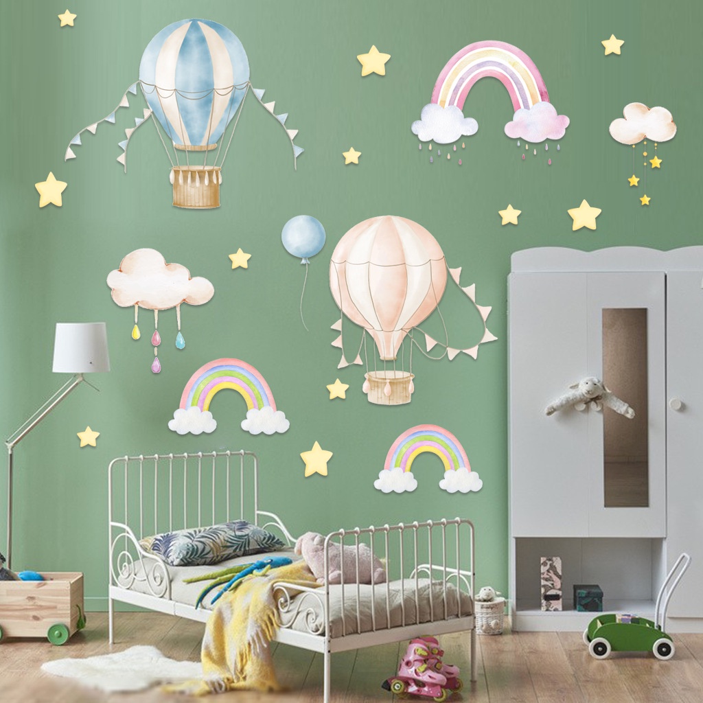 熱氣球彩虹裝飾兒童房貼紙磨砂氣球星星雲朵pvc牆貼自粘貼花