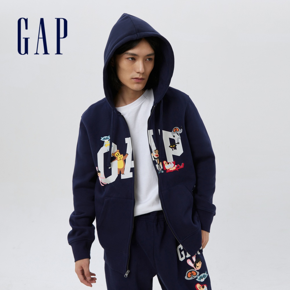 Gap 男女同款 Gap x Paul Frank聯名 刷毛連帽外套 碳素軟磨系列-海軍藍(462627)