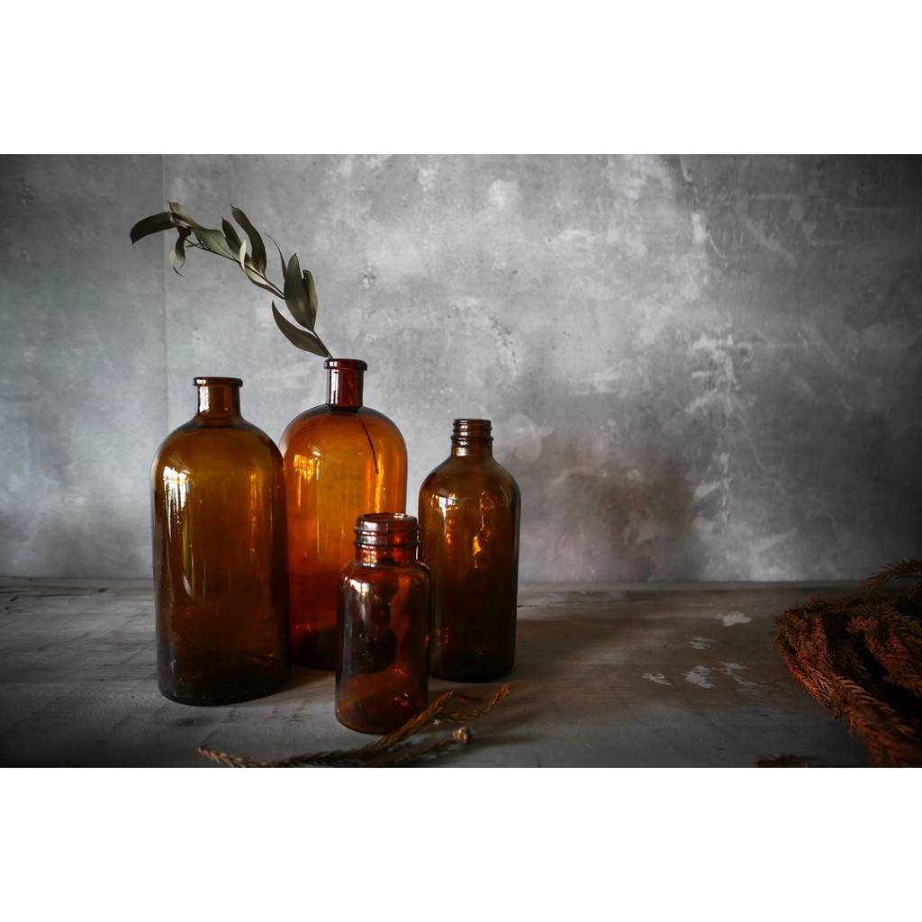 日本 昭和 藥瓶 藥罐 琥珀 茶色 古玻璃 氣泡 花器 乾燥花 擺件 裝飾 古道具