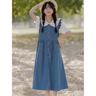 2022年夏季新款學院風背帶裙女甜美牛仔裙 娃娃領襯衫