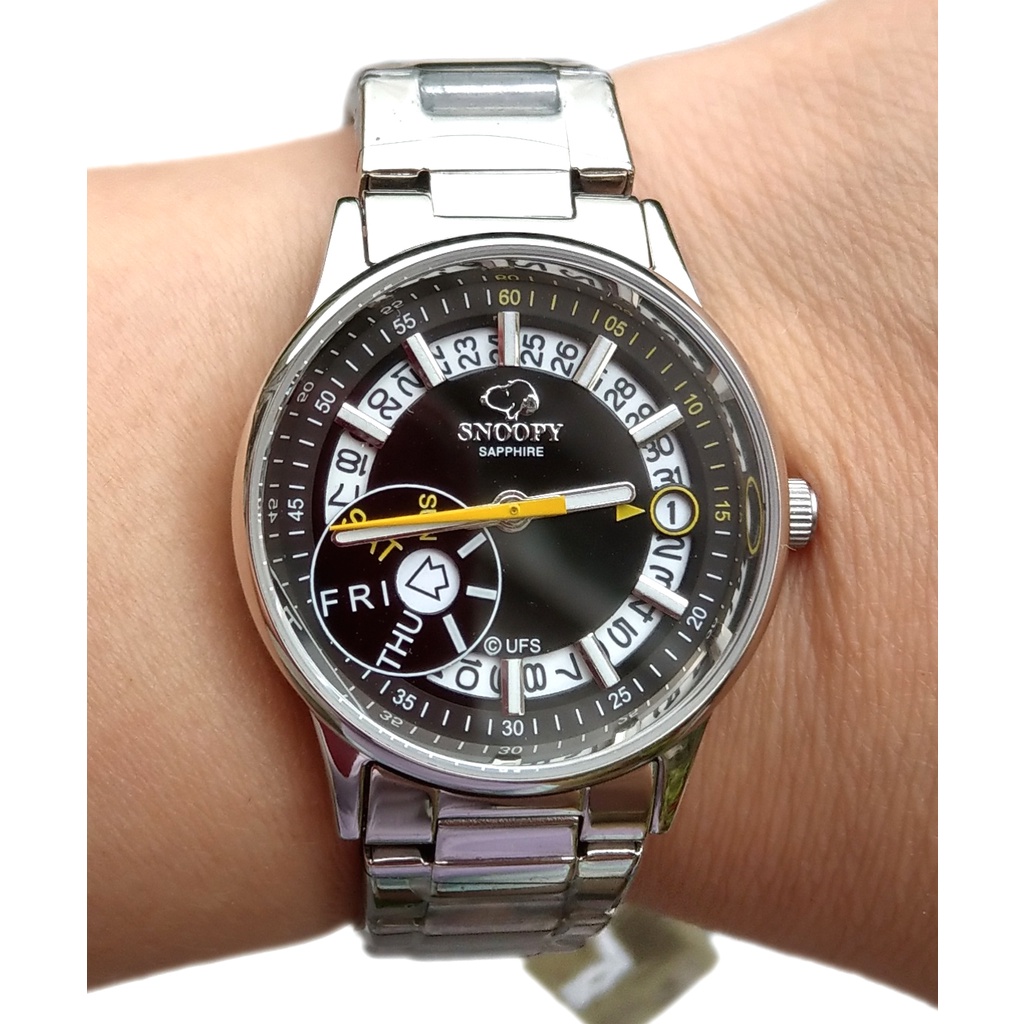 卡漫城 - 75折 Snoopy 金屬錶 日期星期 黑L ㊣版 手錶 史努比史奴比 女錶 不鏽鋼 強化水晶鏡面 鐵錶