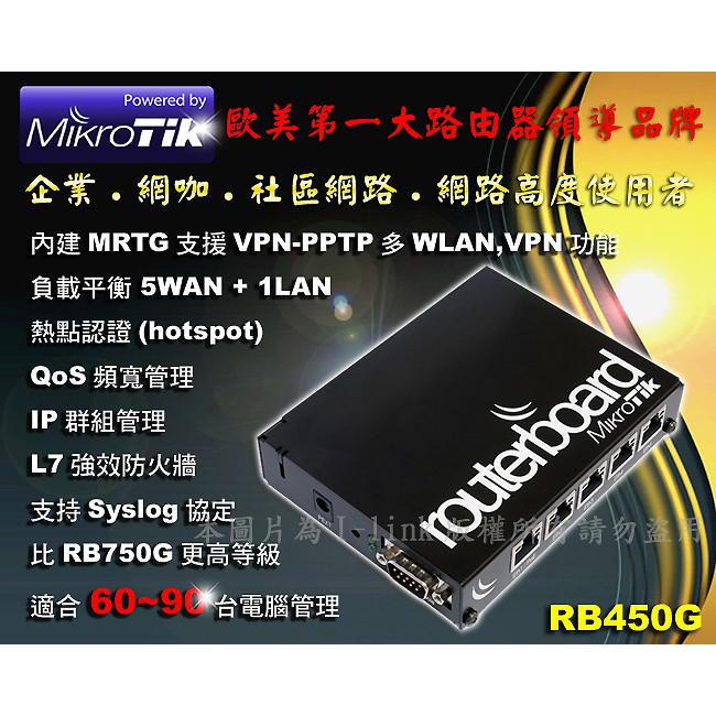 Mikrotik軟體路由器 RB450G 680MHz RouterBOARD RouterOS 頻寬管理VPN負載平衡