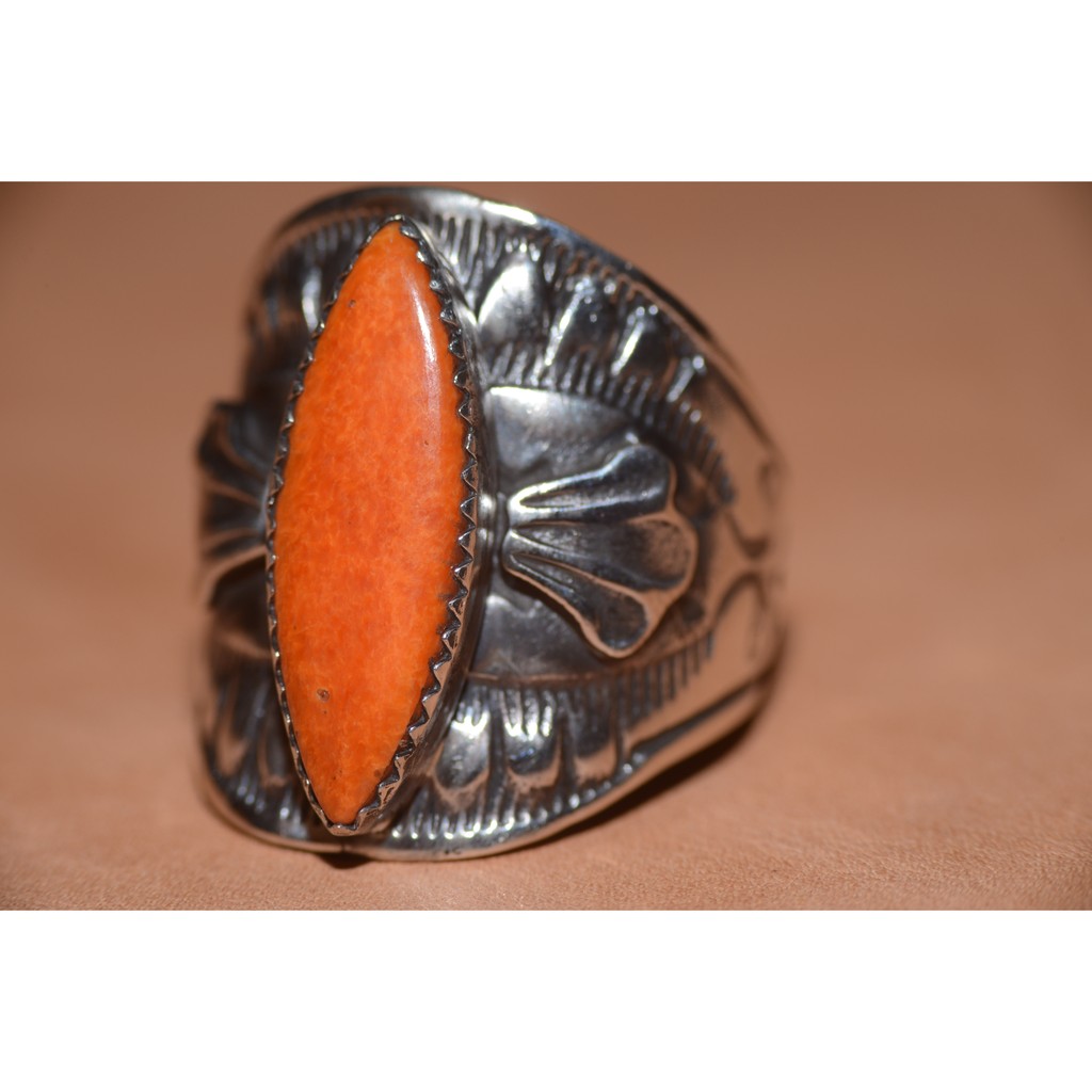 NAVAJO 純銀戒指 菱形珊瑚石戒指，嘻皮，哈雷，重機，美式，印地安