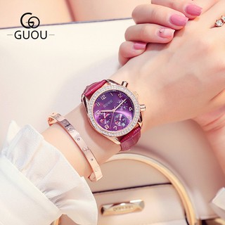 香港GUOU 8219 古歐手錶圓盤大錶盤石英手錶閃耀個性小三針滿鑽 皮帶手錶