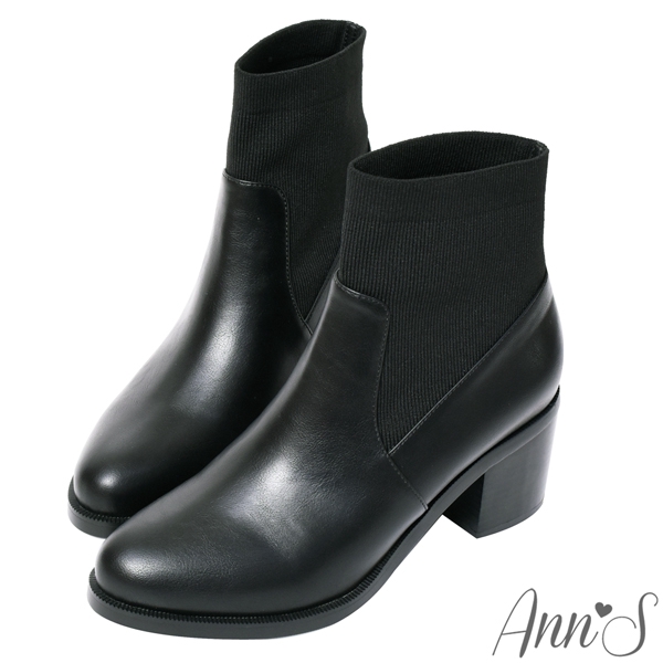 Ann’S素面異材質拼接襪套粗跟短靴6cm-黑(版型偏小)