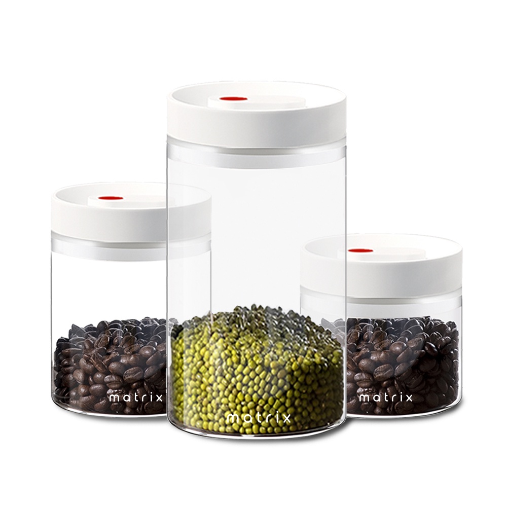 matrix按壓式真空保鮮玻璃密封罐3入組 咖啡豆密封 防潮儲存罐