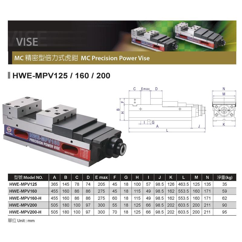 MC精密型倍力式虎鉗 HWE-MPV125/160/200 價格請來電或留言洽詢