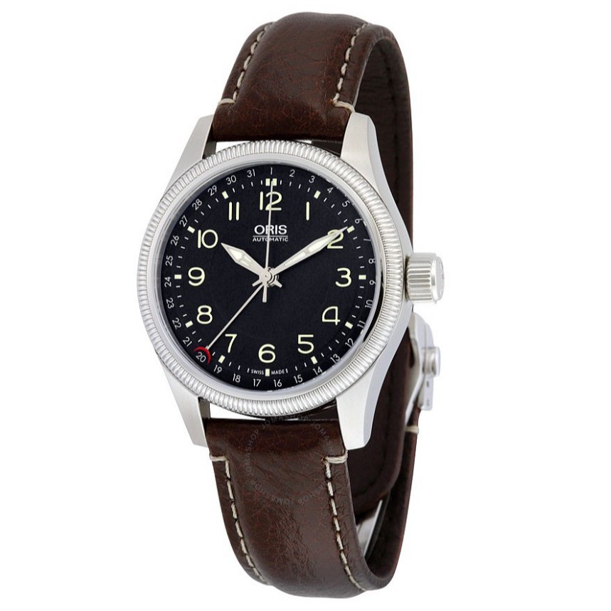 ORIS 機械錶 大錶冠 指針日期 黑色錶盤 棕色皮革 男士手錶 754-7679-4034LS 公司貨保固內