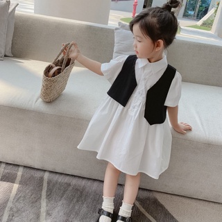 Wellkids童裝 兒童短袖洋裝 韓國洋裝 女童洋裝 兒童襯衫裙+馬甲兩件套裝 學院風洋裝 夏裝短袖襯衫裙