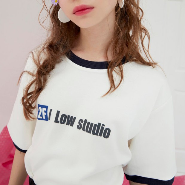 韓國2F low STUDIO RINGER 1/2 跳色滾邊橫幅logo五分短袖上衣