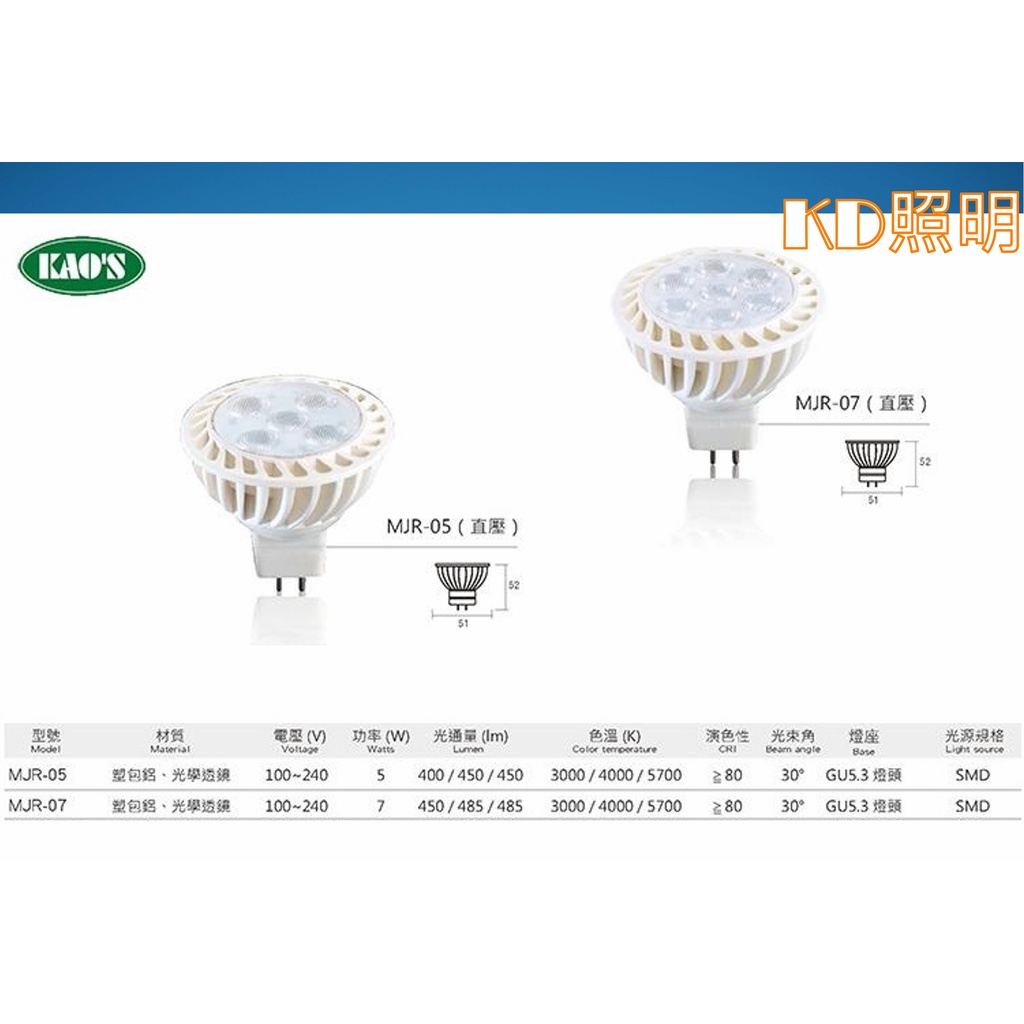 ❰KD照明❱ KAO'S LED MR16 5W 7W節能 直壓 100~240V 杯燈 全電壓 免安定器 省電 色溫齊