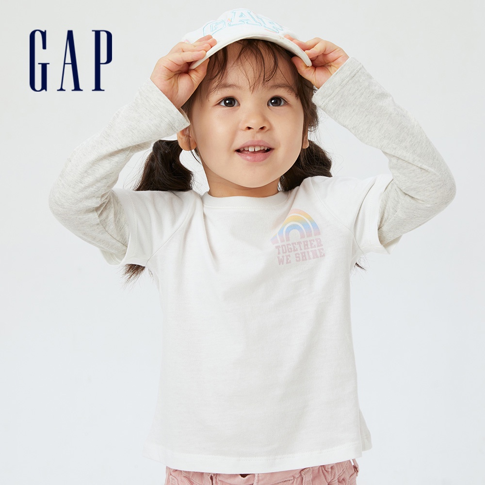 Gap 女幼童裝 純棉假兩件撞色長袖T恤-白色(430156)